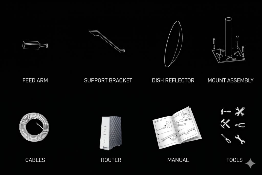 AQMAAR kit contents — mount assembly, dish reflector, feed arm, cables, router, manual, tools